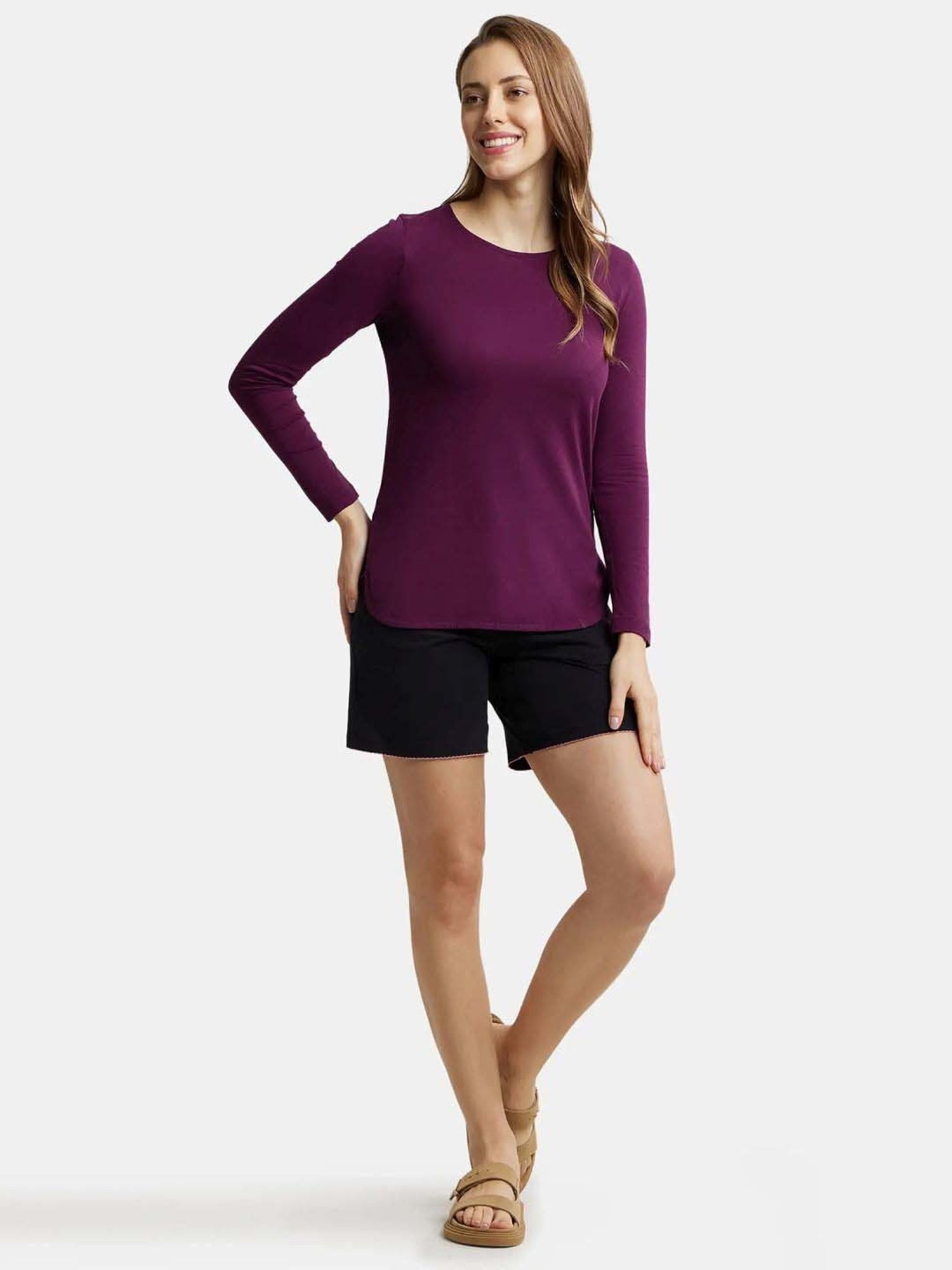 Jockey RX21 Women's Micro Modal Cotton Relaxed Fit Solid Round Neck Full Sleeve T-Shirt