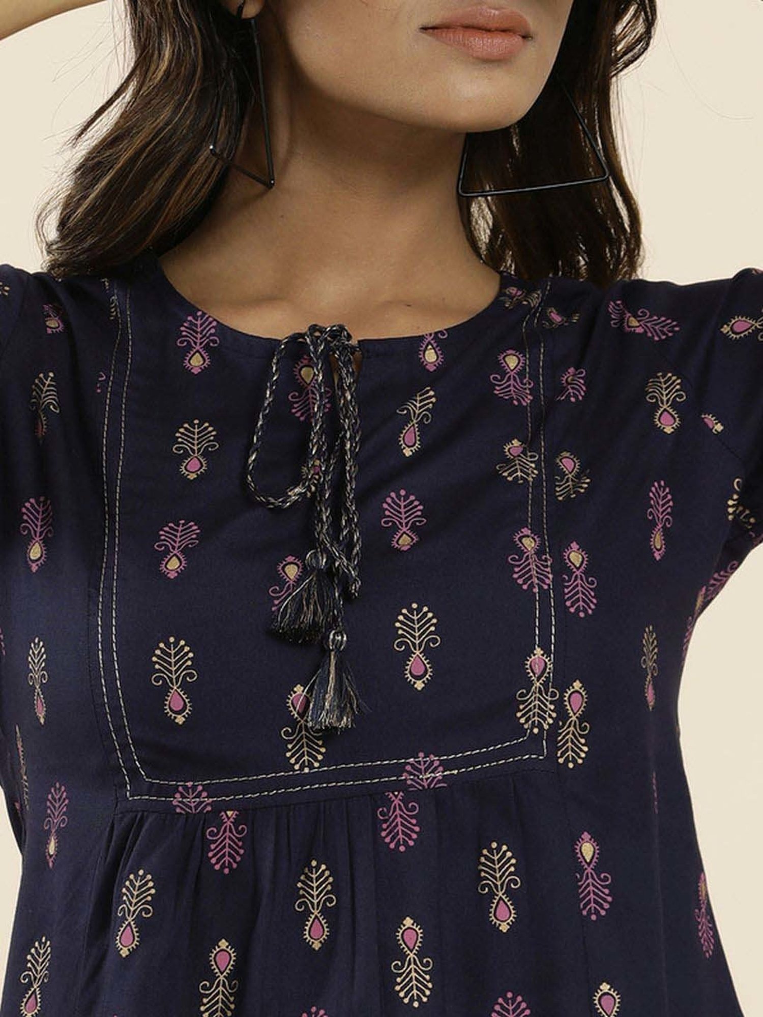 Jaipur Kurti Navy Printed Top