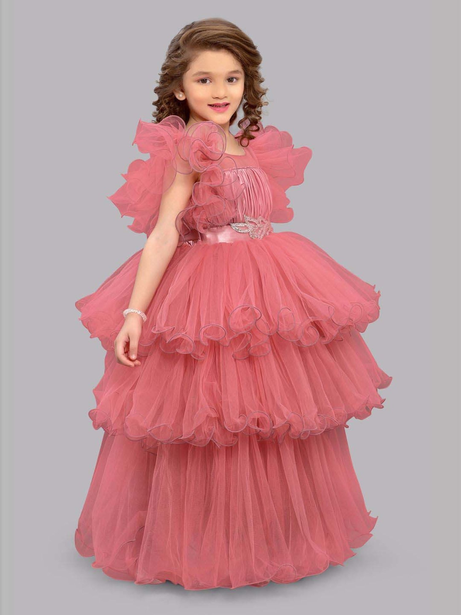 Pink Chick Kids Coral Solid Party Gowns
