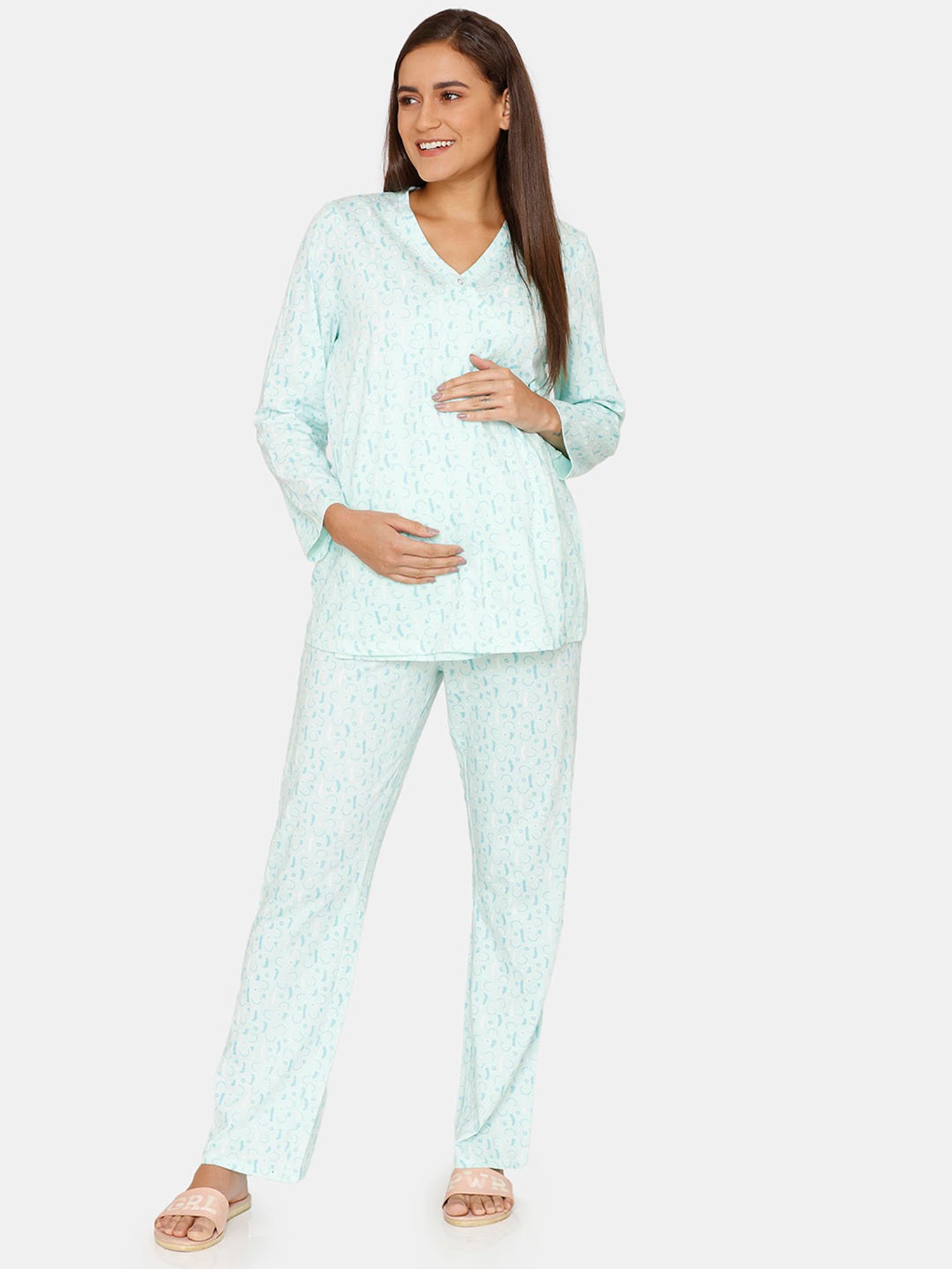 Zivame Light Green Printed T-Shirt With Pyjamas