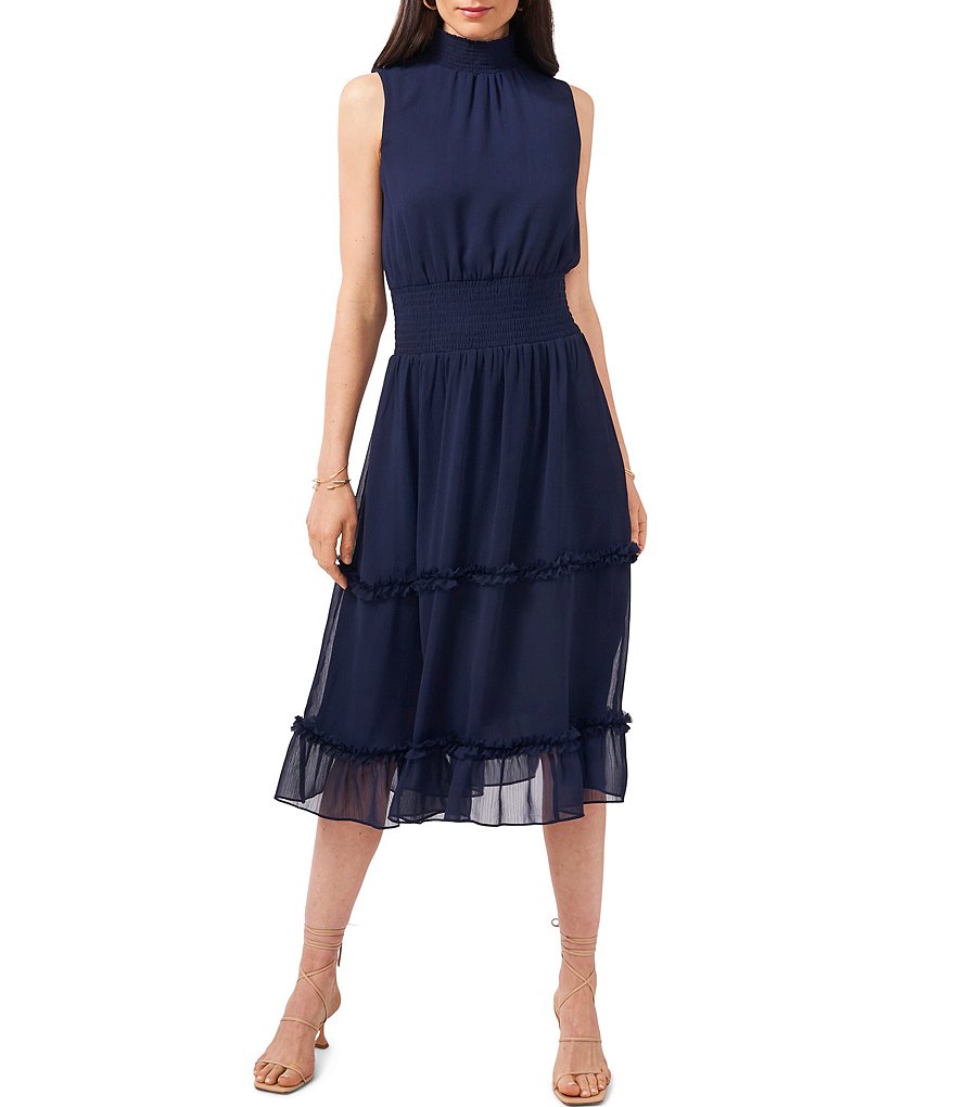 1. STATE Mock Neck Sleeveless Tiered Midi Dress