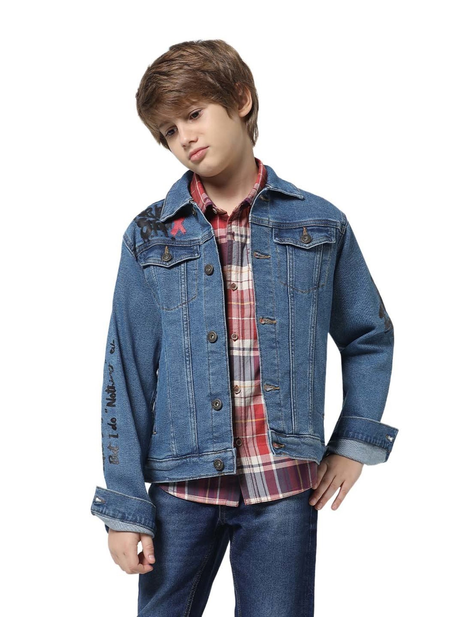 Jack & Jones Junior Red & Lilac Cotton Chequered Full Sleeves Shirt