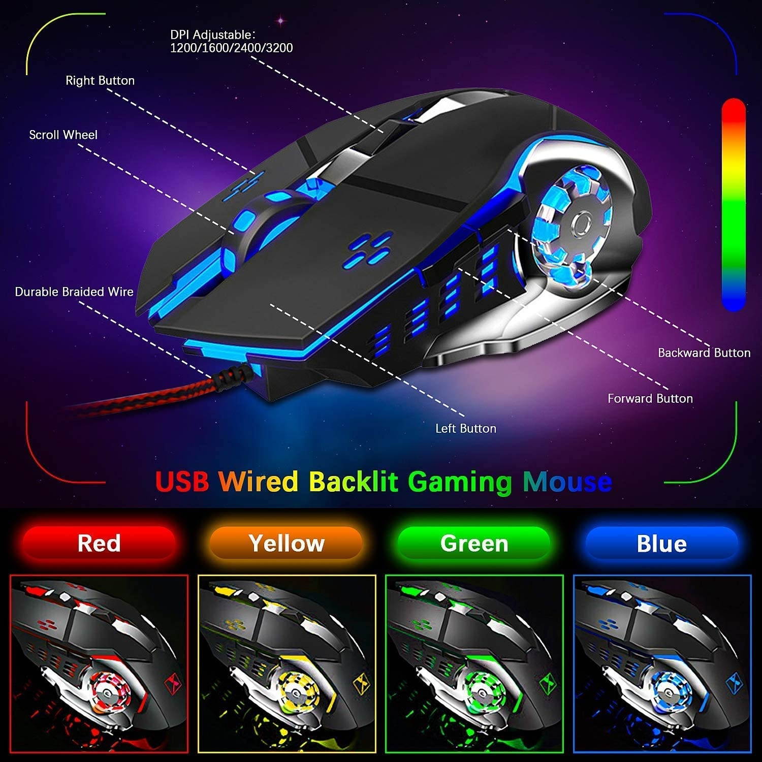 Mechanical Feeling Gaming Keyboard and Mouse Mousepad Combo,104 Keys Rainbow Backlit Gamer Keyboard and Mice Set,10 Color RGB Large Mice pad 2400DPI 7 Button La Souris for PC Laptop Mac (Black)