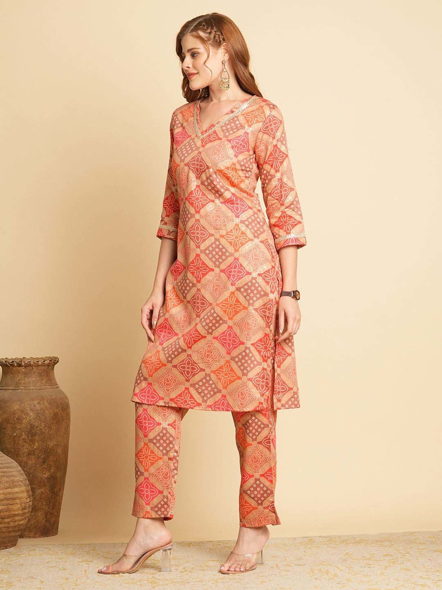 Fashor Peach Printed Kurta & Pant Set