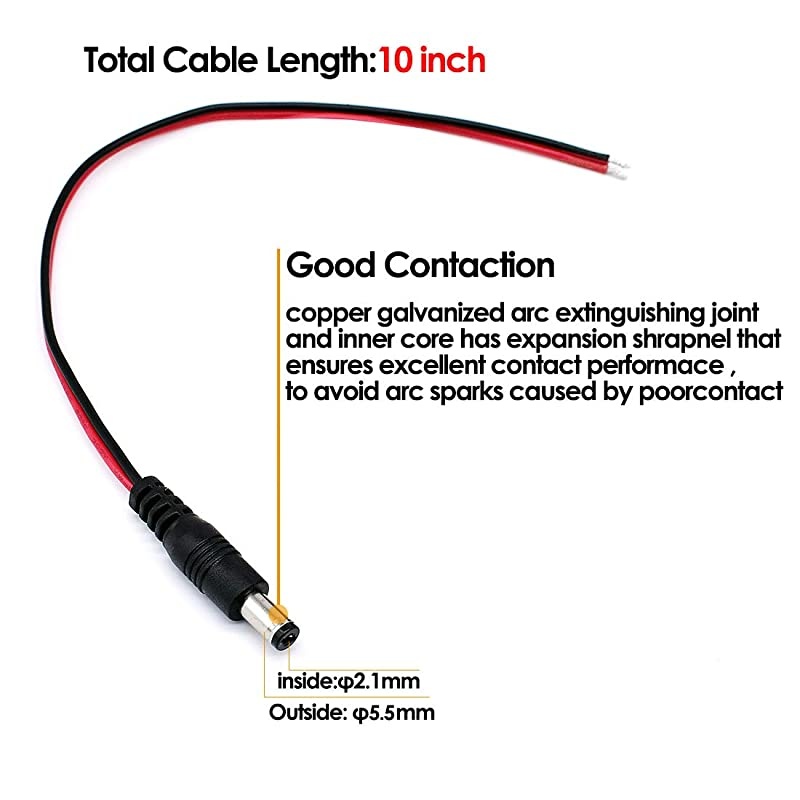Real 18AWG x2 Copper Strands  10 Pack DC Power Pigtail Cable Wire12V 5A Male Connectors for CCTV Security Camera and Lighting Power Adapter 21 x 55mm Ultra Thick