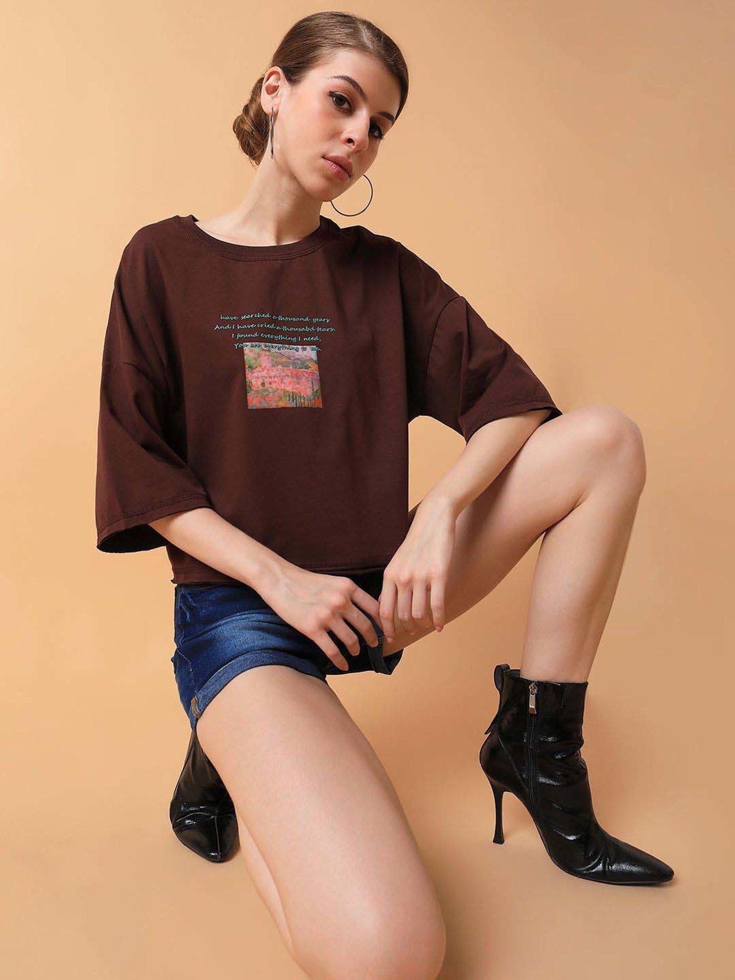 SHOWOFF Brown Cotton Printed T-Shirt