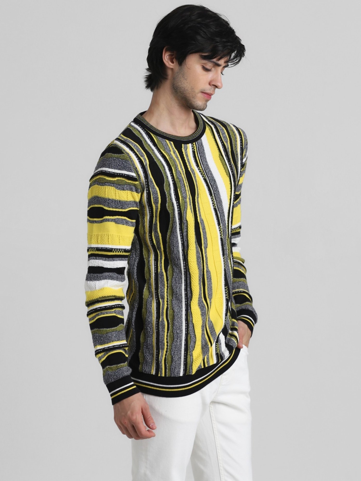 Jack & Jones Yellow & Black Cotton Regular Fit Striped Sweater