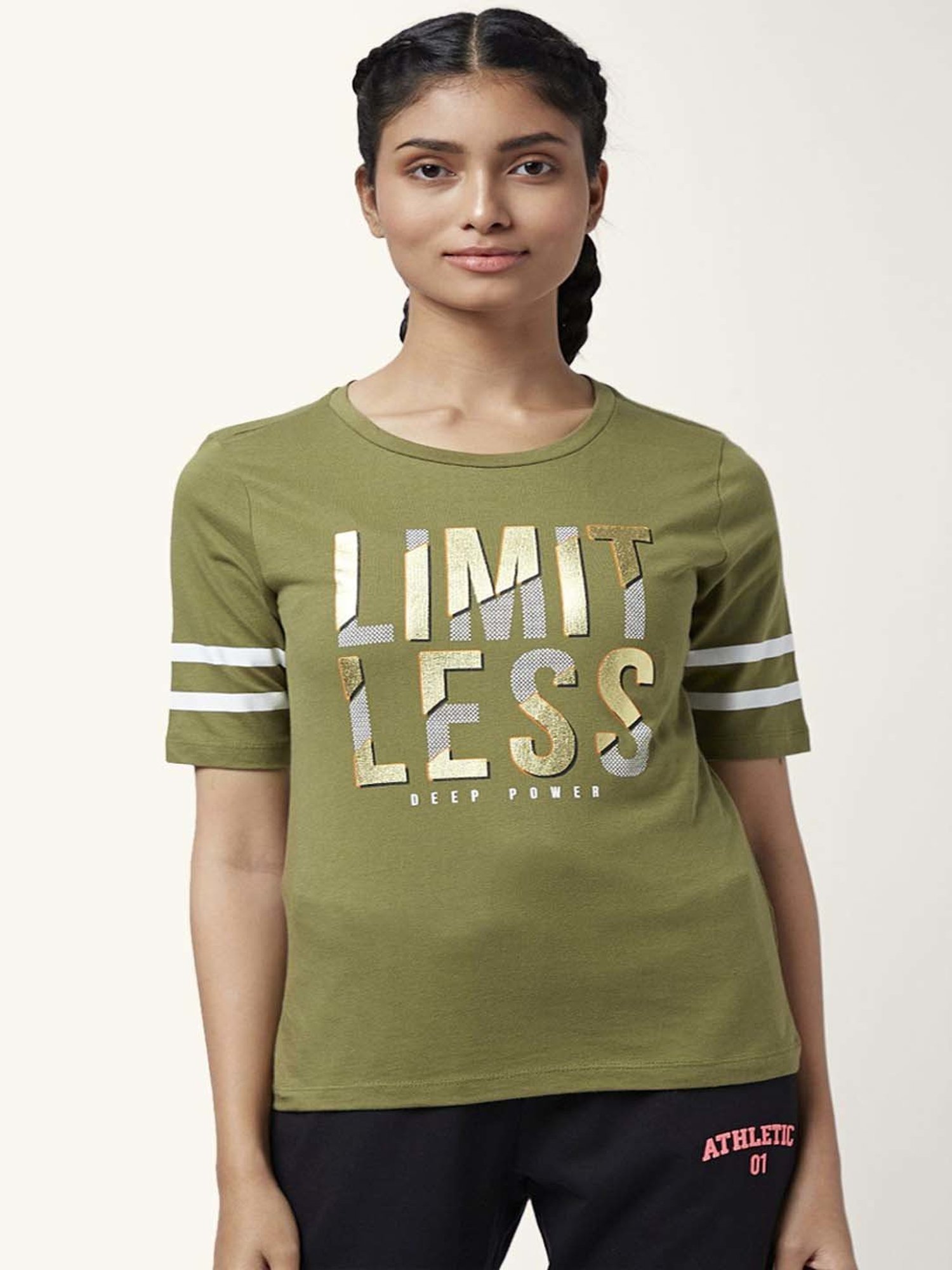 Ajile by Pantaloons Olive Green Cotton Graphic Print Sports T-Shirt