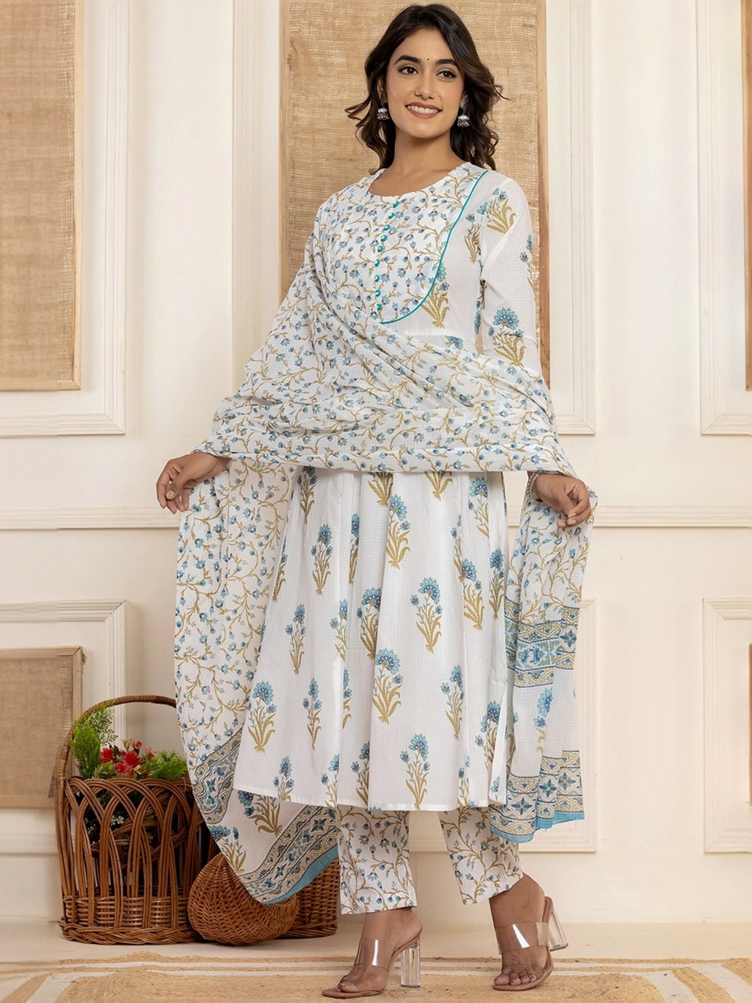 Yufta Blue & White Cotton Printed Kurta Pant Set With Dupatta