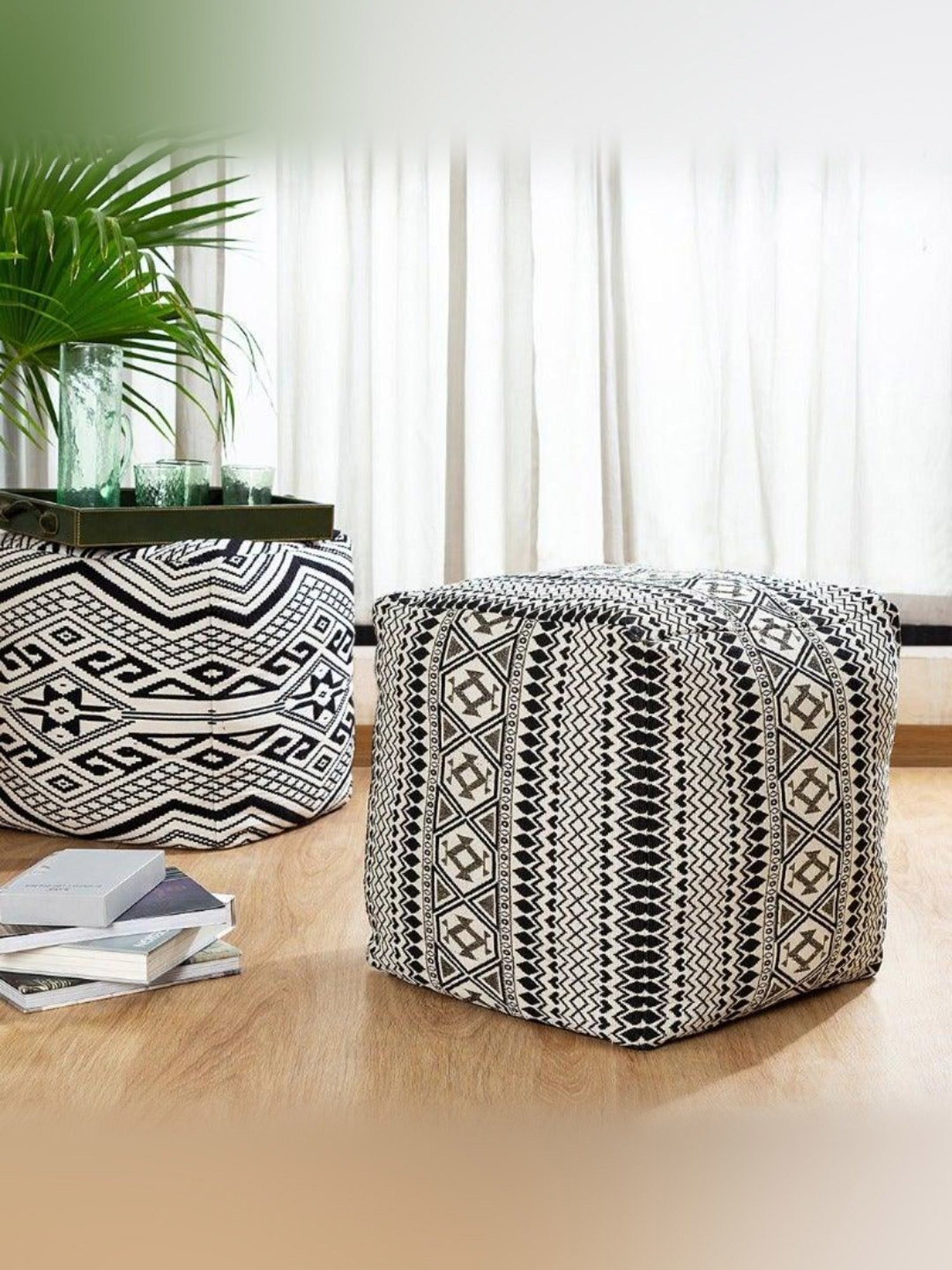 Home4U Enervee Woven Black & White Cotton Pouffe