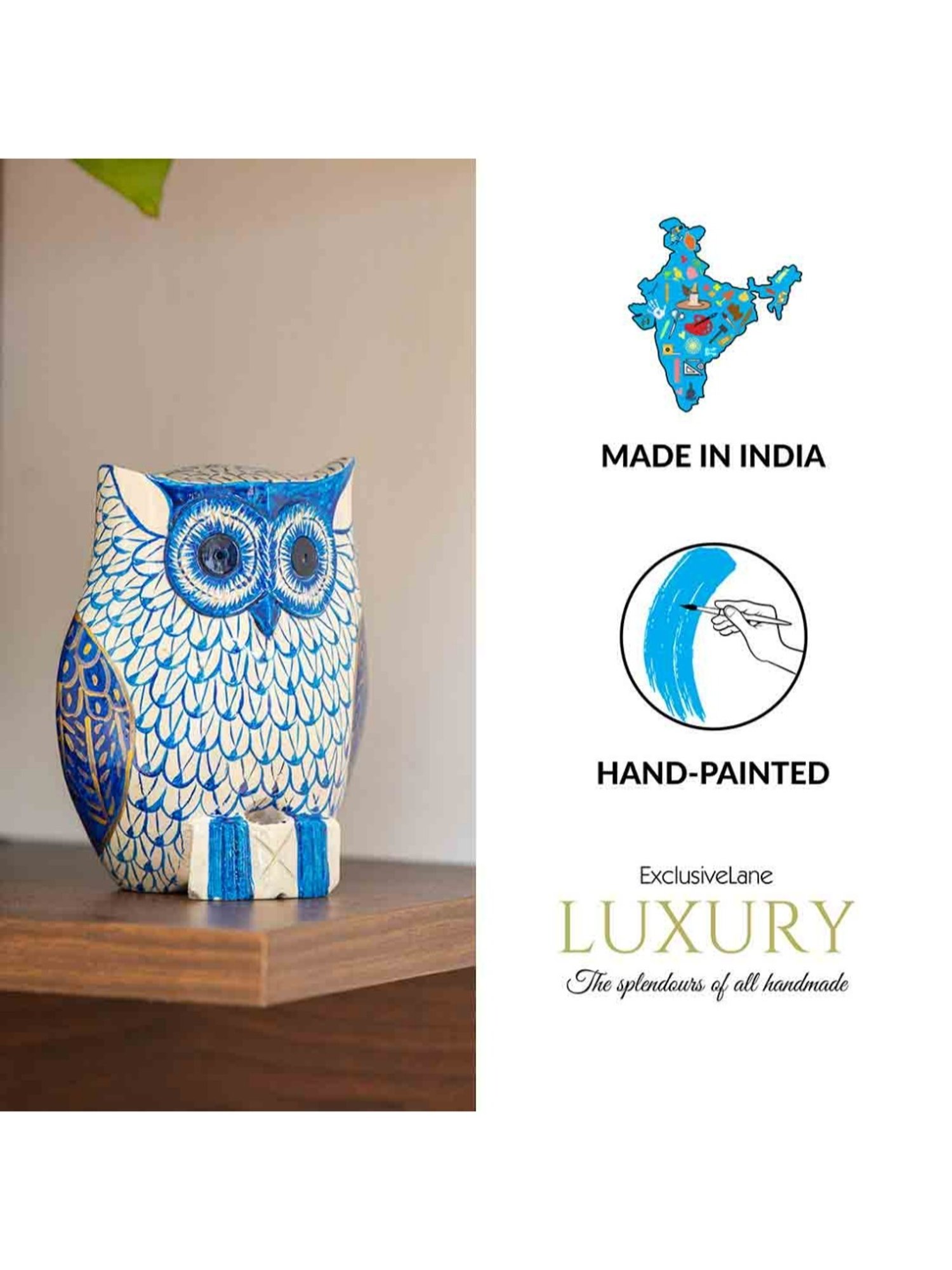 ExclusiveLane Hand-painted Ocean Blue & White Eucalyptus Wood The Staring Owl Showpiece