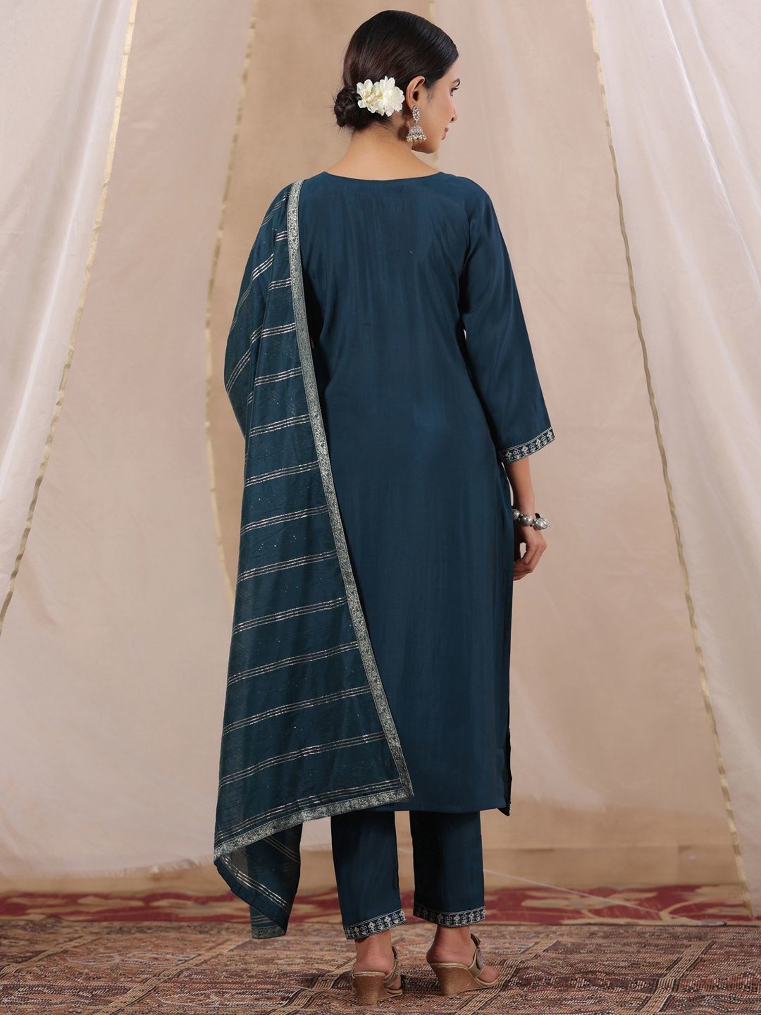 Ishin Blue Embroidered Kurta Pant Set With Dupatta