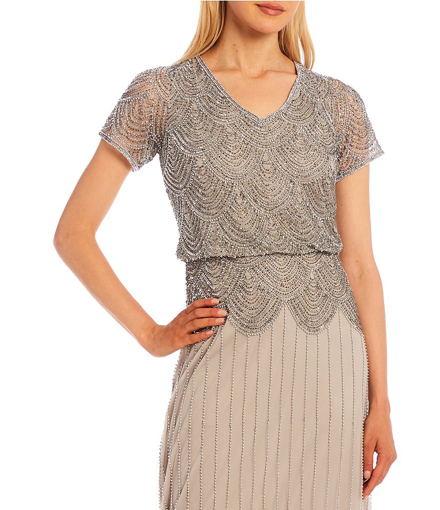 Pisarro Nights Scalloped Beaded Blouson V-Neck Short Sleeve Long Dress