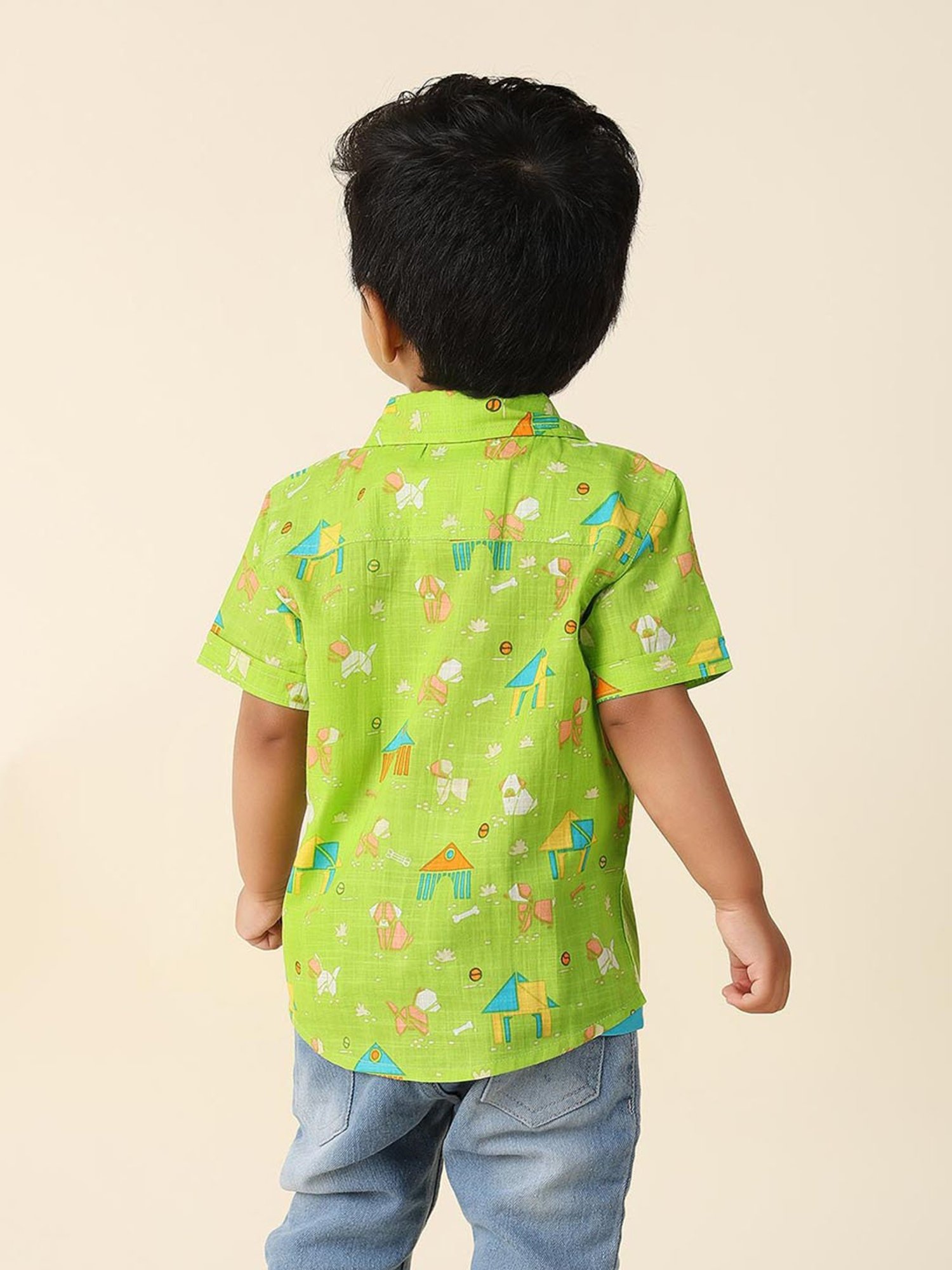 Fabindia Kids Green Printed Shirt