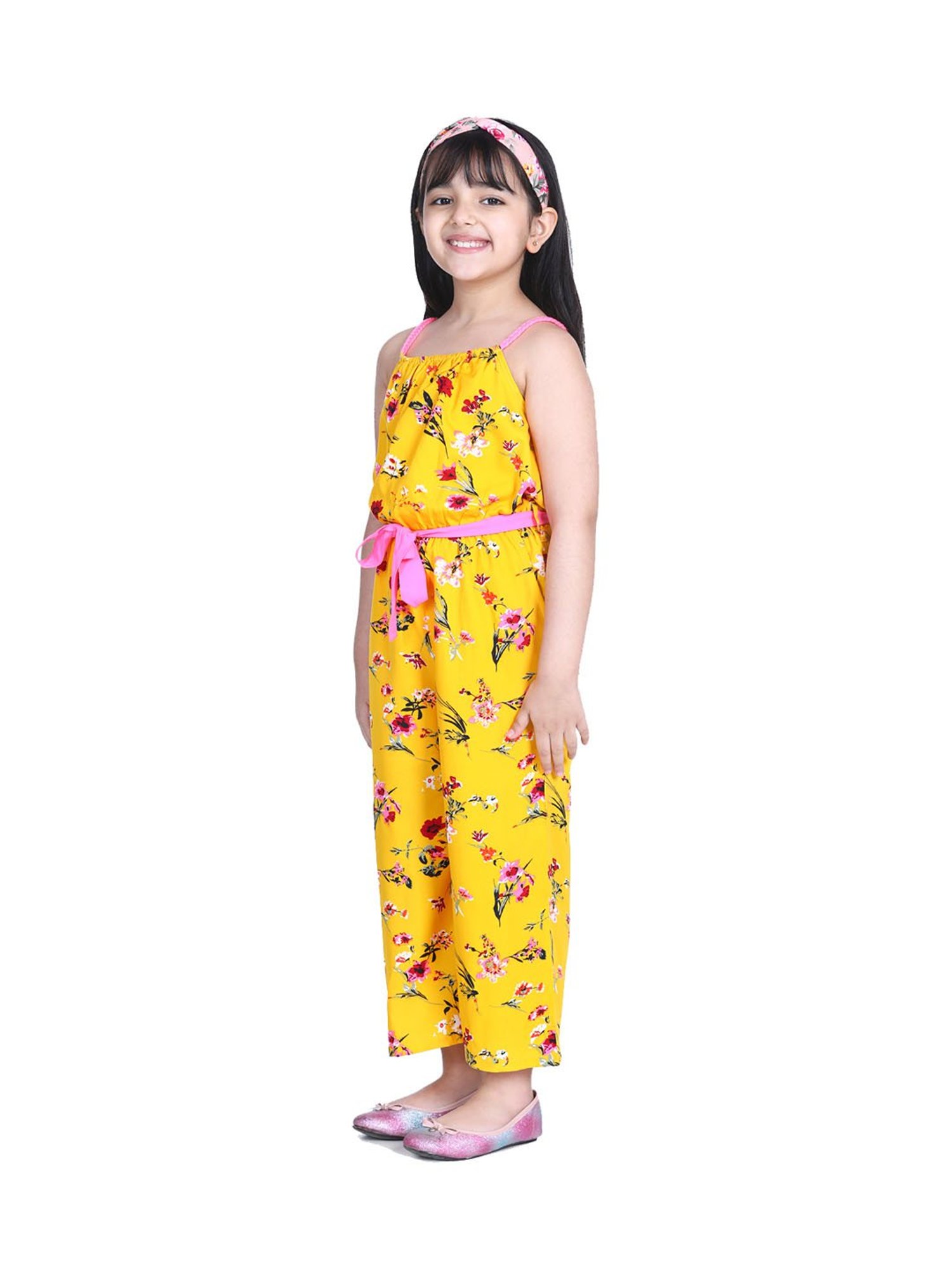 StyleStone Kids Yellow Printed Jumpsuit with Belt