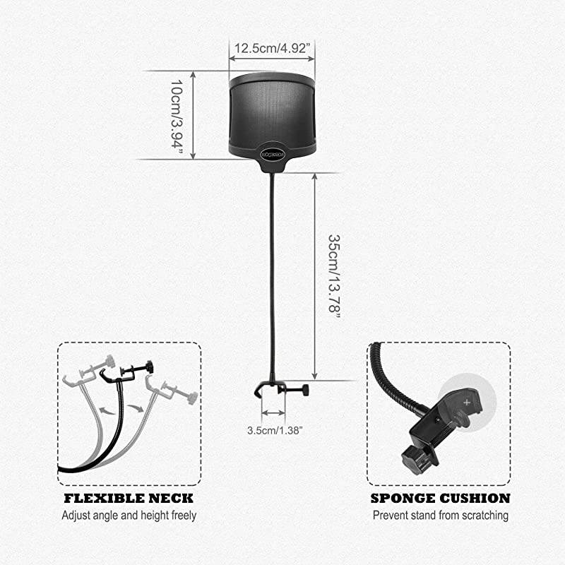 PF101 Microphone Pop Filter Studio Recording Pop Shield Mic Windscreen with Flexible Gooseneck and Extended Adjustable Clamp