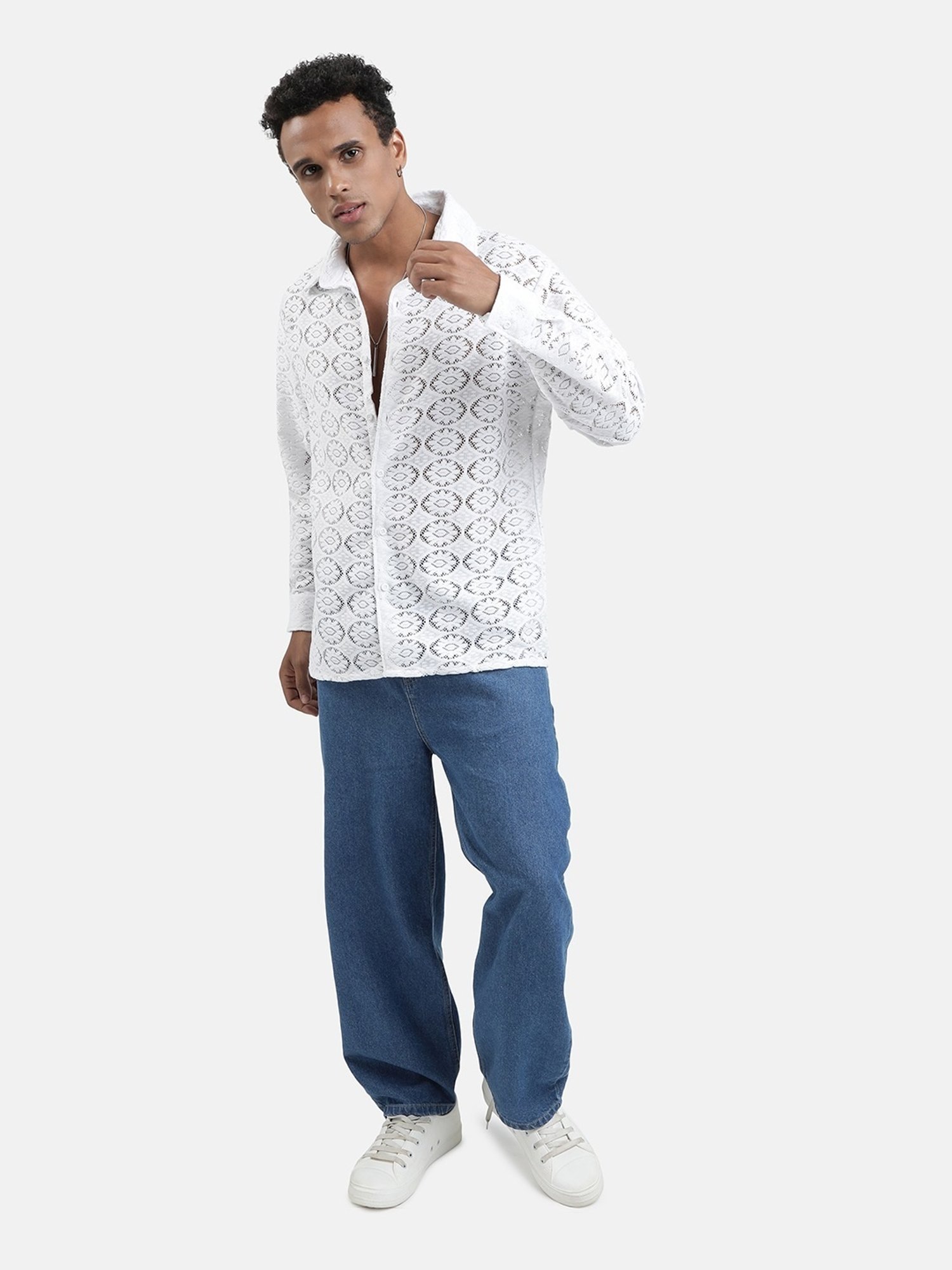 Bene Kleed White Regular Fit Self Pattern Shirt