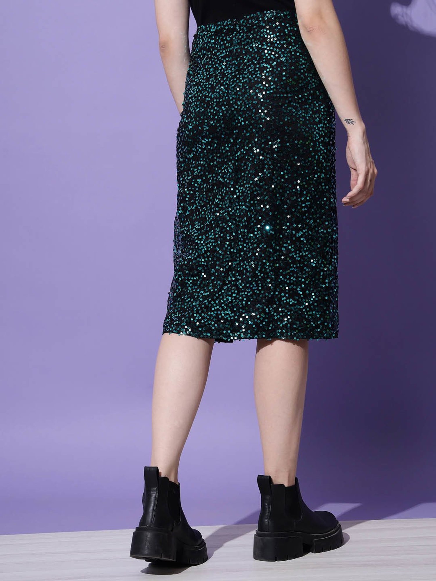 Trend Arrest Green Embellished A-Line Midi Slit Skirt