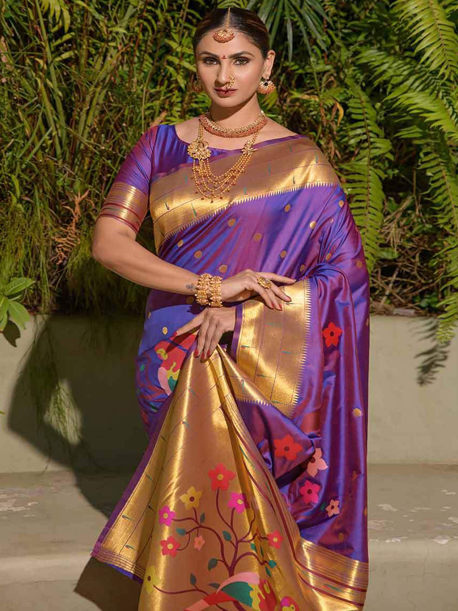 SHUBHKALA Purple Silk Woven Saree With Unstitched Blouse