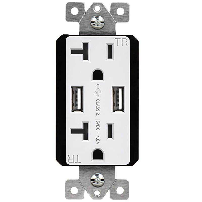 4.8A High Speed USB Outlet Wall Charger, 24W, 20A TR Receptacle Compatible with iPhone XS/MAX/XR/X/8/7/6, iPad, also LG, HTC, Samsung Galaxy S9/S8/S7/S6 and more, TU22048A-W, White
