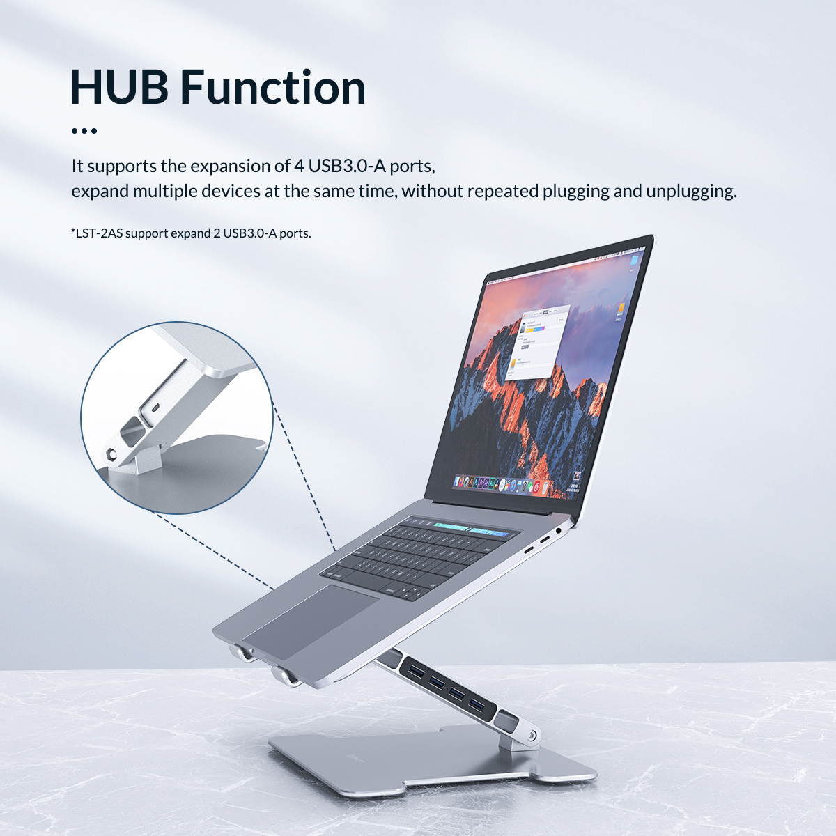 ORICO Aluminum Laptop Stand HUB USB3.0 Adjustable Silver Portable Multi-Angle Stand Notebook Holder Compatible For Windows Mac Os Linux