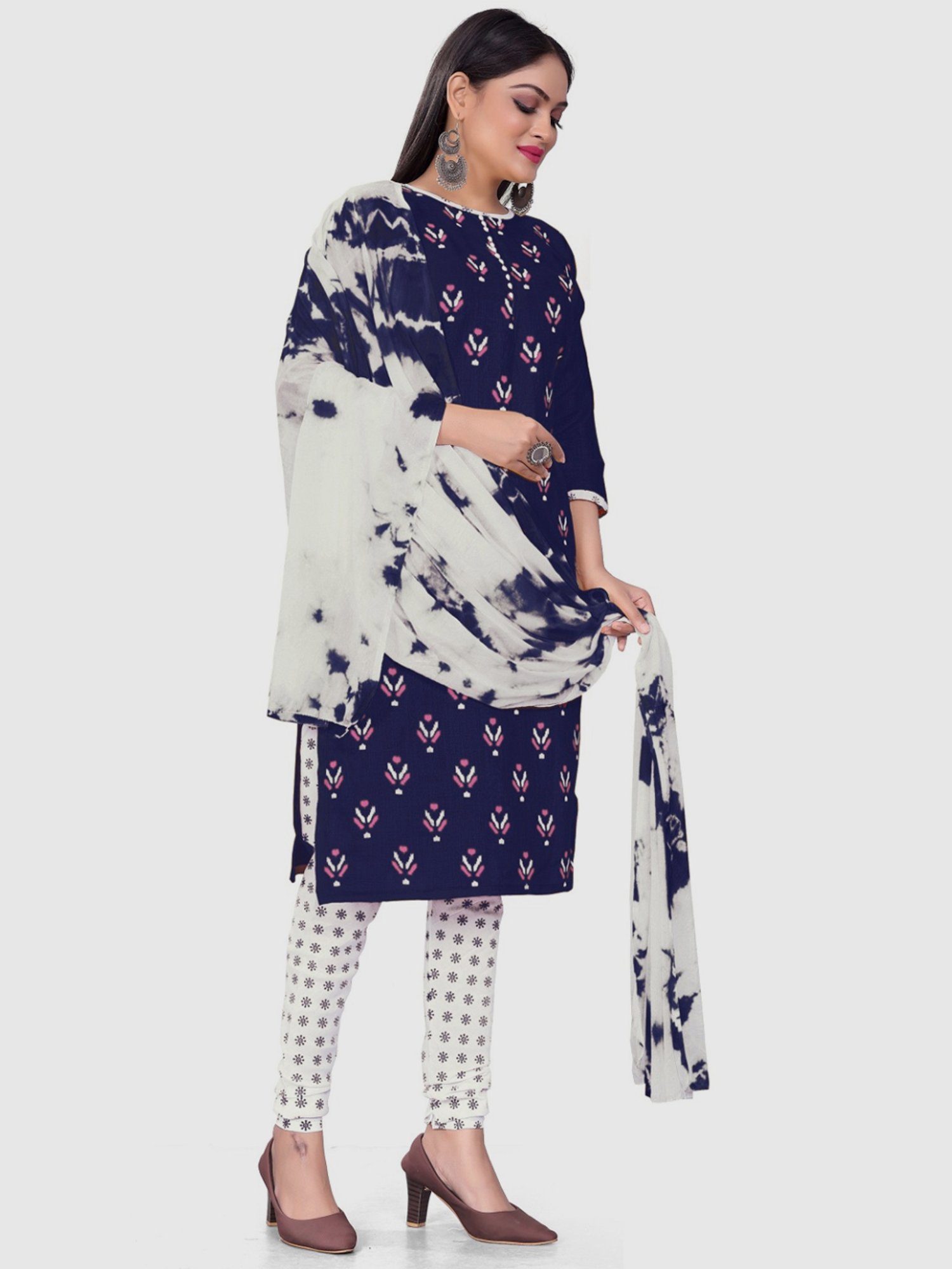 APNISHA Navy & White Cotton Printed Unstitched Dress Material