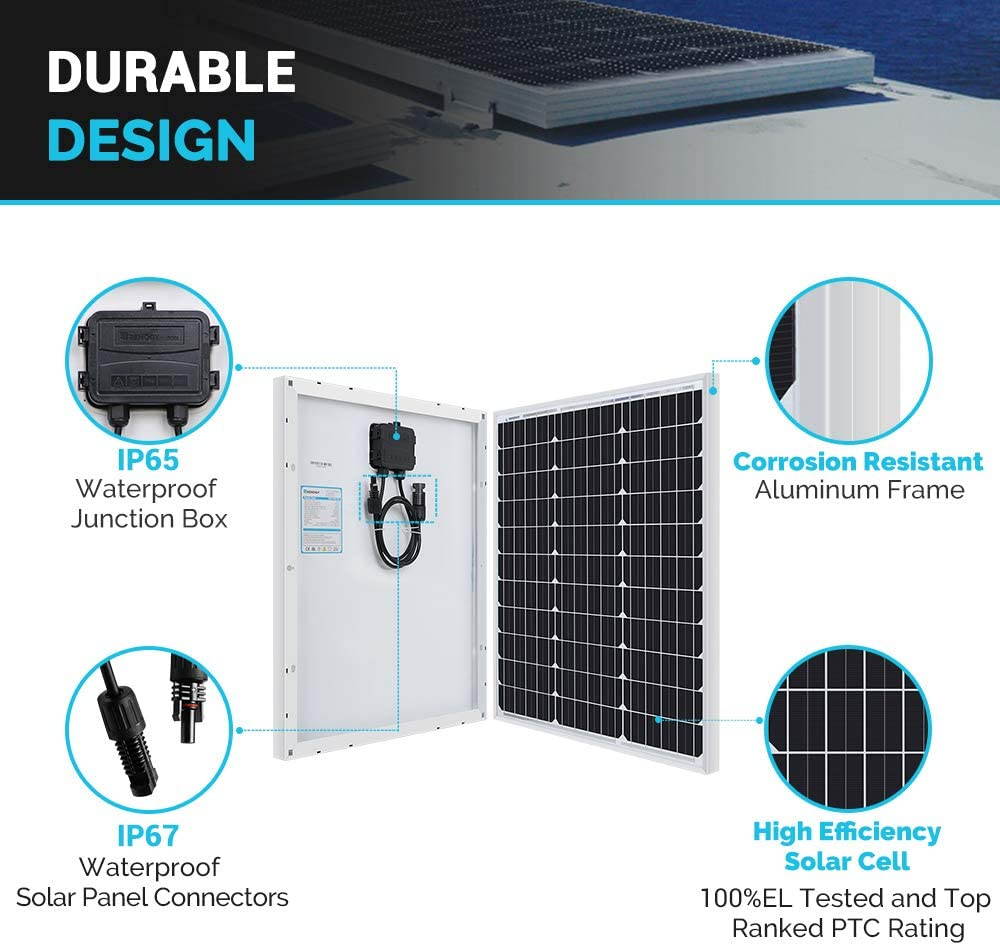 Renogy 50W Monocrystalline 12V Solar Panel Kit with 10A 12/24V PWM LCD Charge Controller, 5V USB Ports, for RVs,Boats,Trailers,Sheds,Cabins and Any Off Grid System