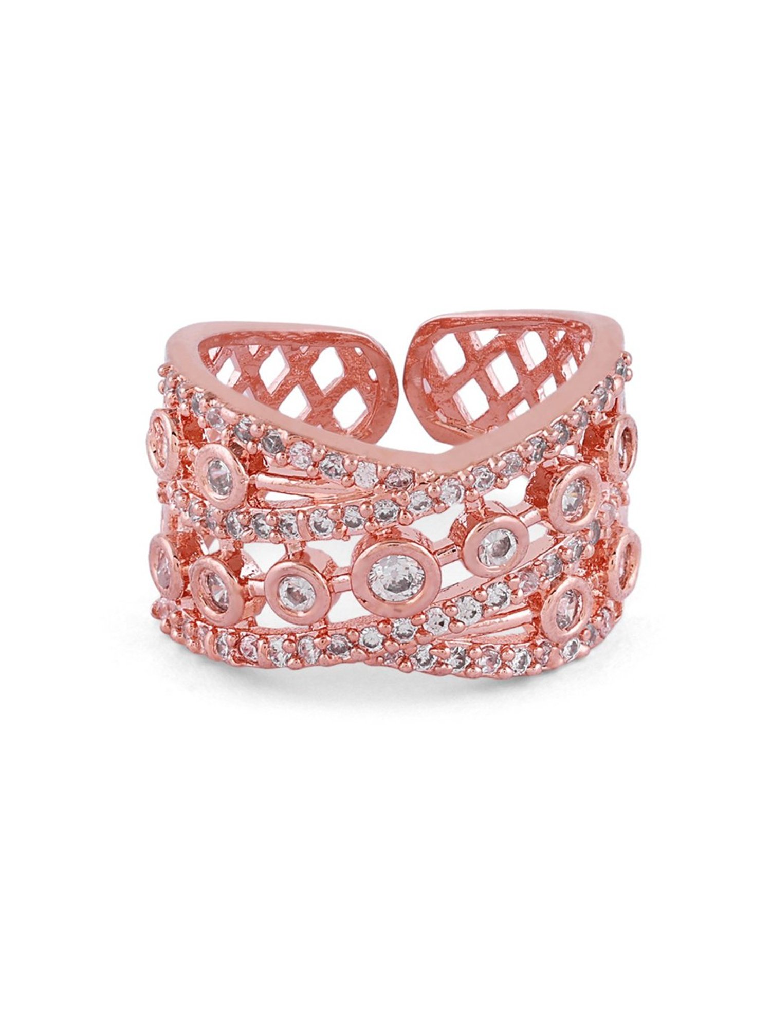 Zaveri Pearls Rose Gold Dazzling Cubic Zirconia Party Bling Statement Brass Ring-ZPFK16486