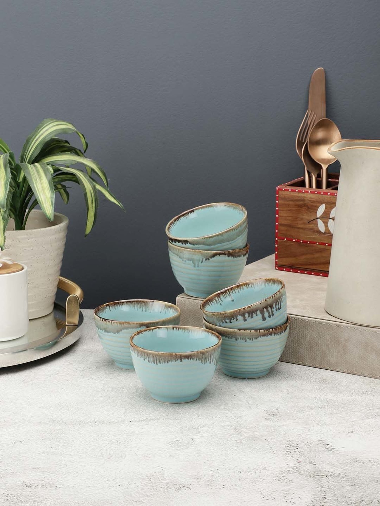 VarEesha Tranquil Mint Sage Green Ceramic Vegetable Bowl (0.15 L) - Set of 6