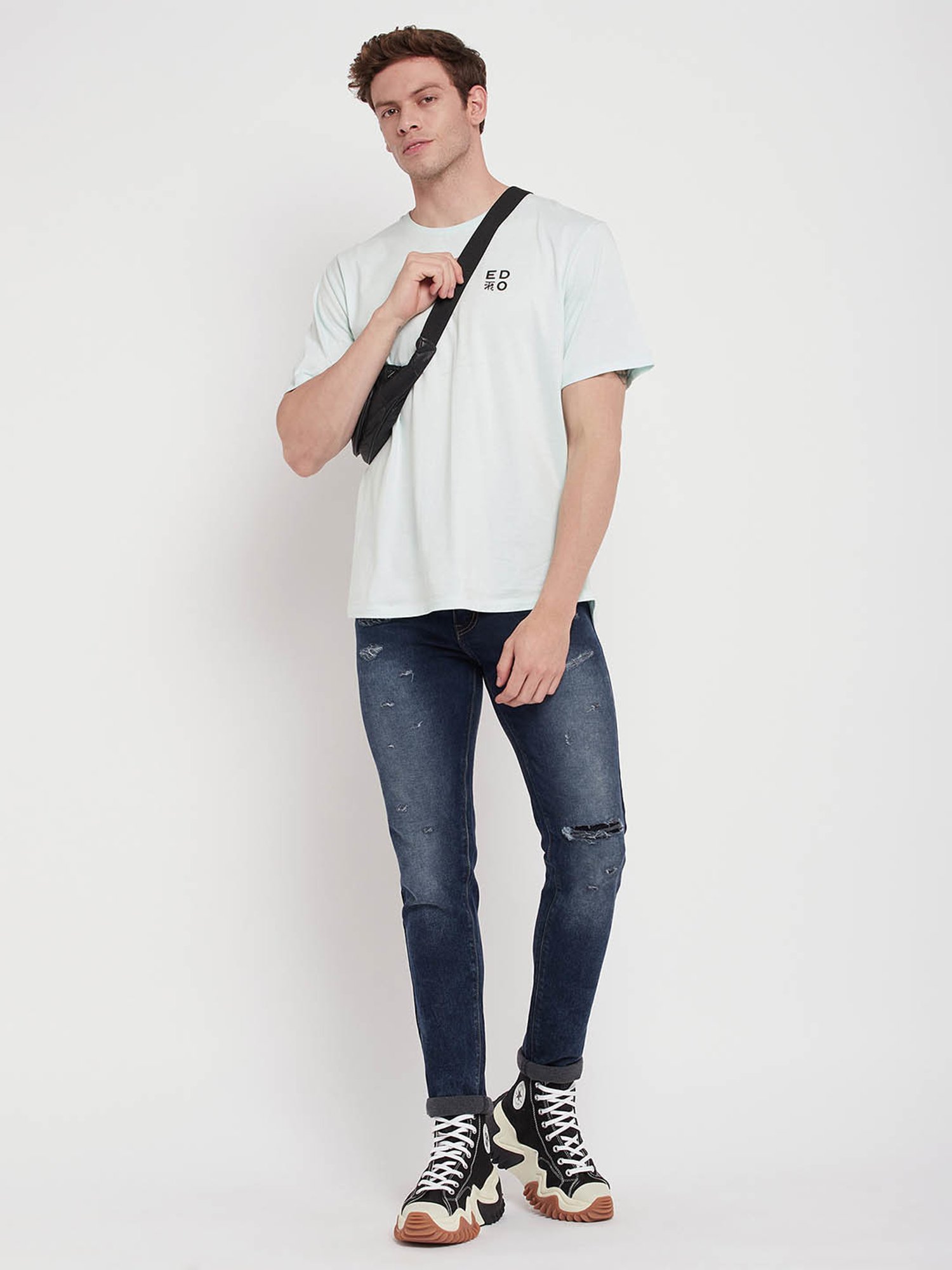 EDRIO Light Blue Regular Fit Printed T-Shirt