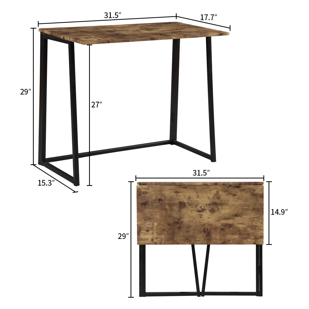 Folding Computer Desk Industrial Style Folding Laptop Table No-Assembly Small Computer Desk Gaming Desk for Small Space Offices with Brown Desktop Black Frame
