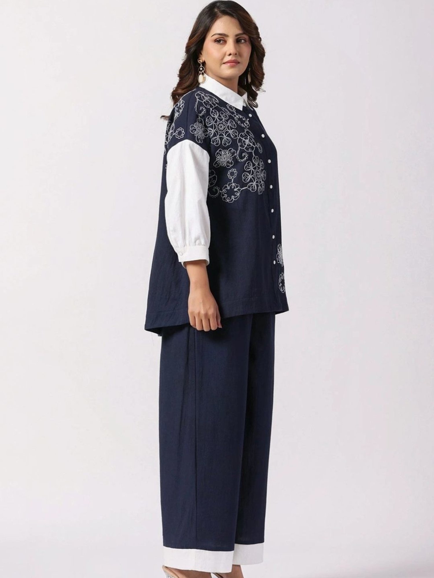 Kaftanize Navy Blue & White Embroidered Cotton Shirt with Pant Co-Ord Set