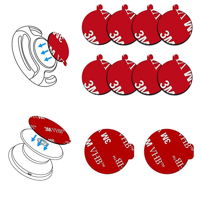 10 Pack 3M Sticky Adhesive Replacement Compatible with Socket Mount Base,  VHB Sticker Pads for Car Magnetic Phone Holder and 2pcs 1.38 Inches Double Sided Tape for Collapsible Grip & Stand