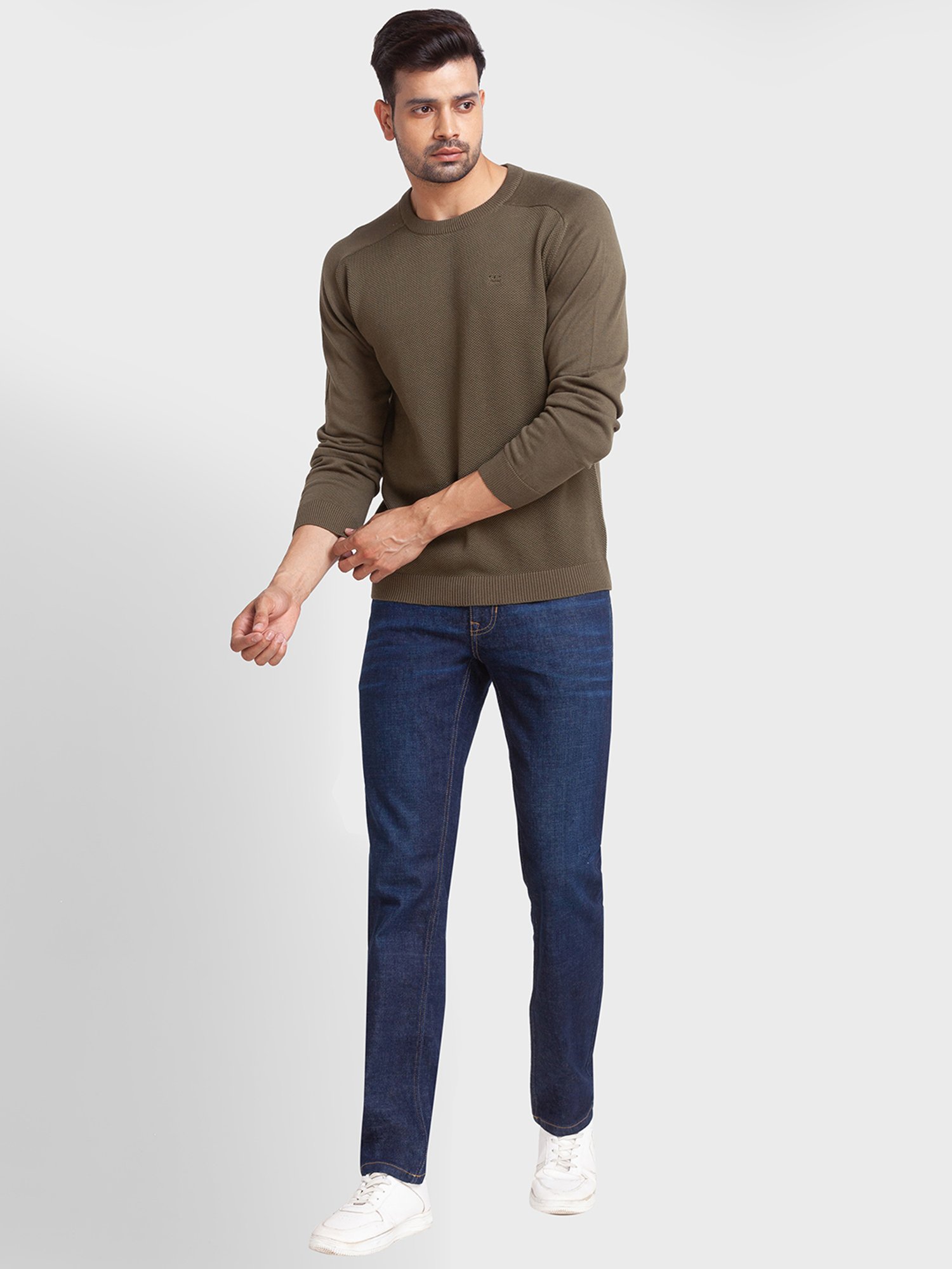 ColorPlus Green Cotton Tailored Fit Texture Sweaters