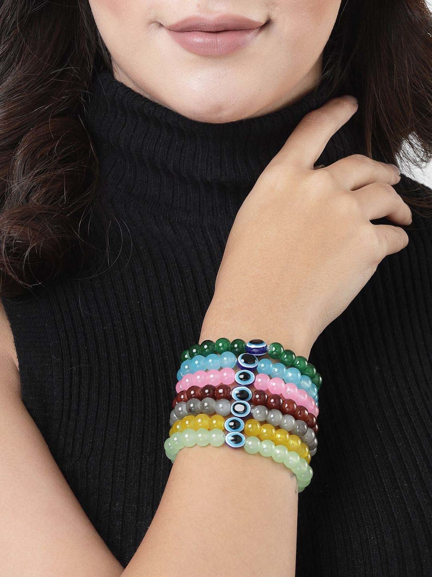 NVR Crystals Beaded Evil Eye Elasticated Bracelet for Unisex - Set Of 7