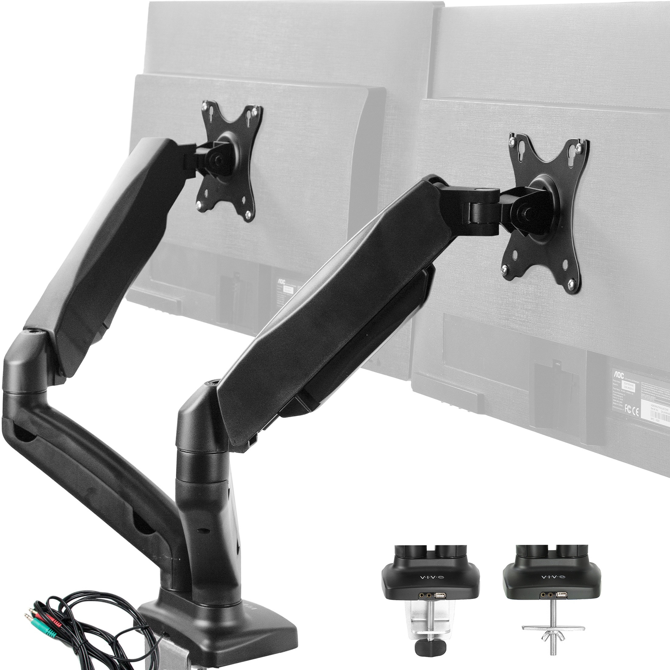 VIVO Dual Monitor Counterbalance Gas Spring Desk Mount Stand w/ USB and Audio | Fits Screens up to 27" (STAND-V002OU)
