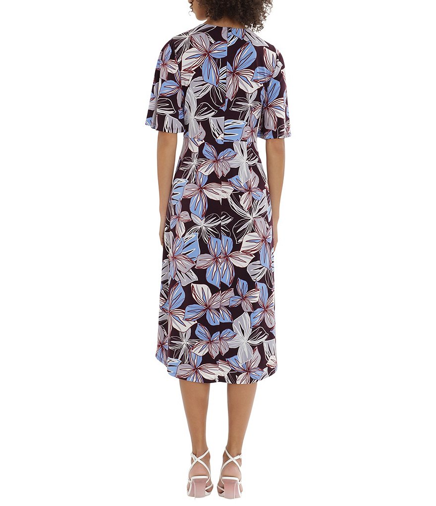 Maggy London Floral Printed Short Flutter Sleeve Waist Tie Wrap A-Line Dress