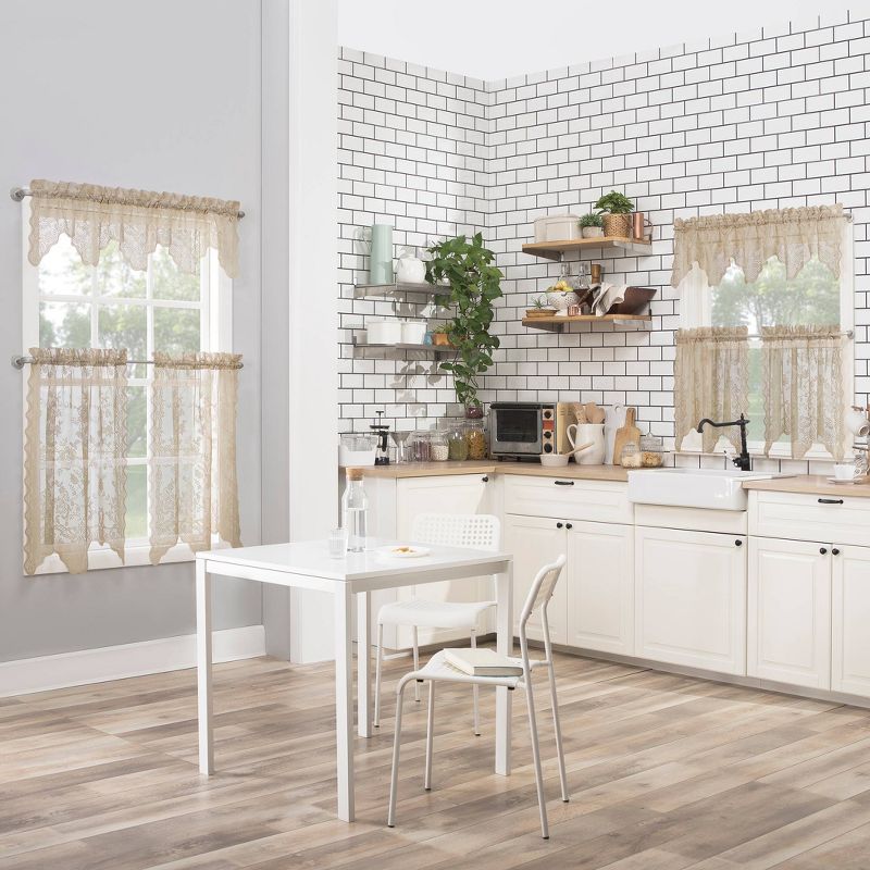 14"x58" Alison Floral Lace Sheer Rod Pocket Kitchen Curtain Valance Beige - No. 918