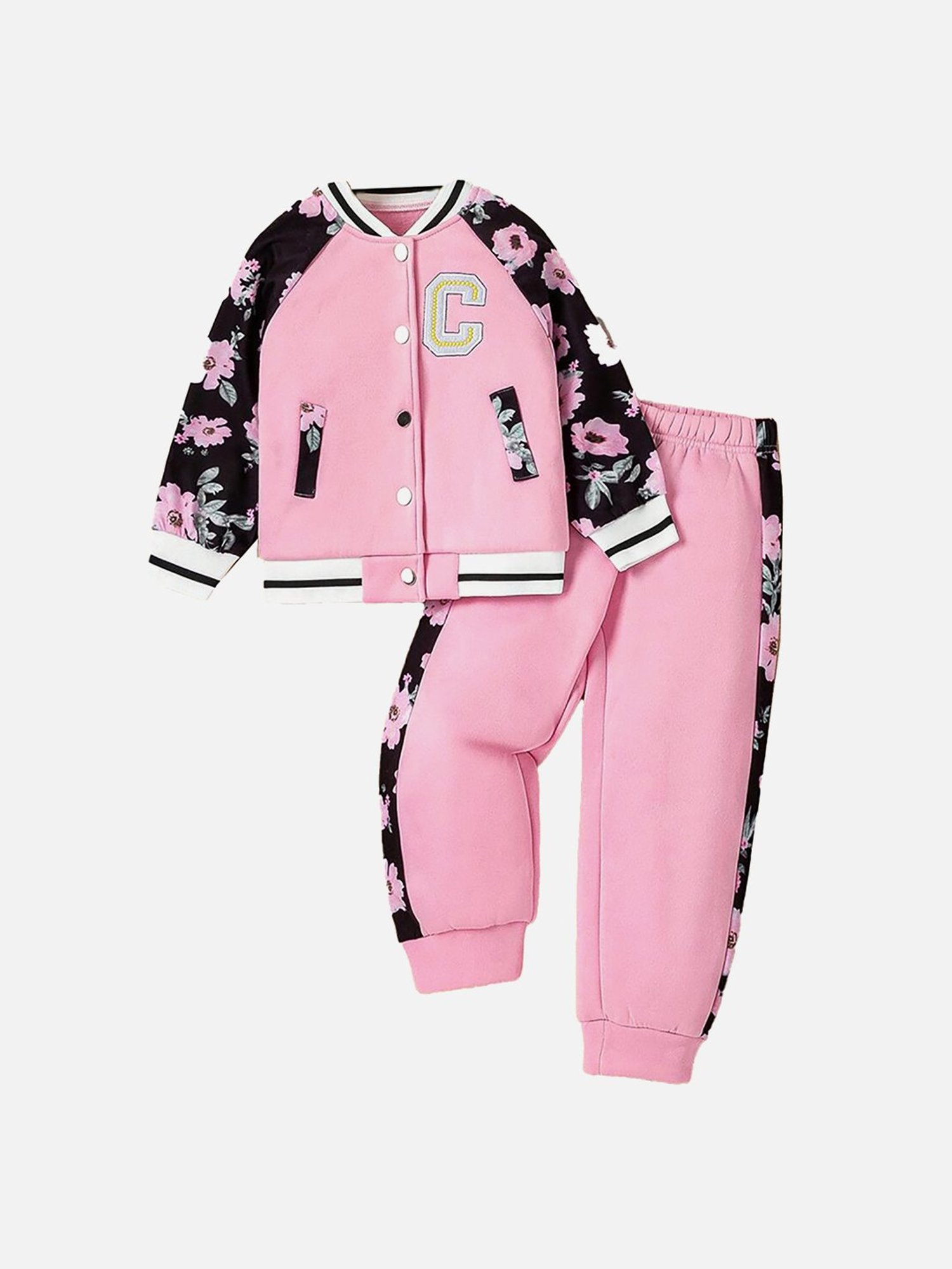 Little Surprise Box Kids Pink & Black Floral Print Full Sleeves Jacket with Joggers