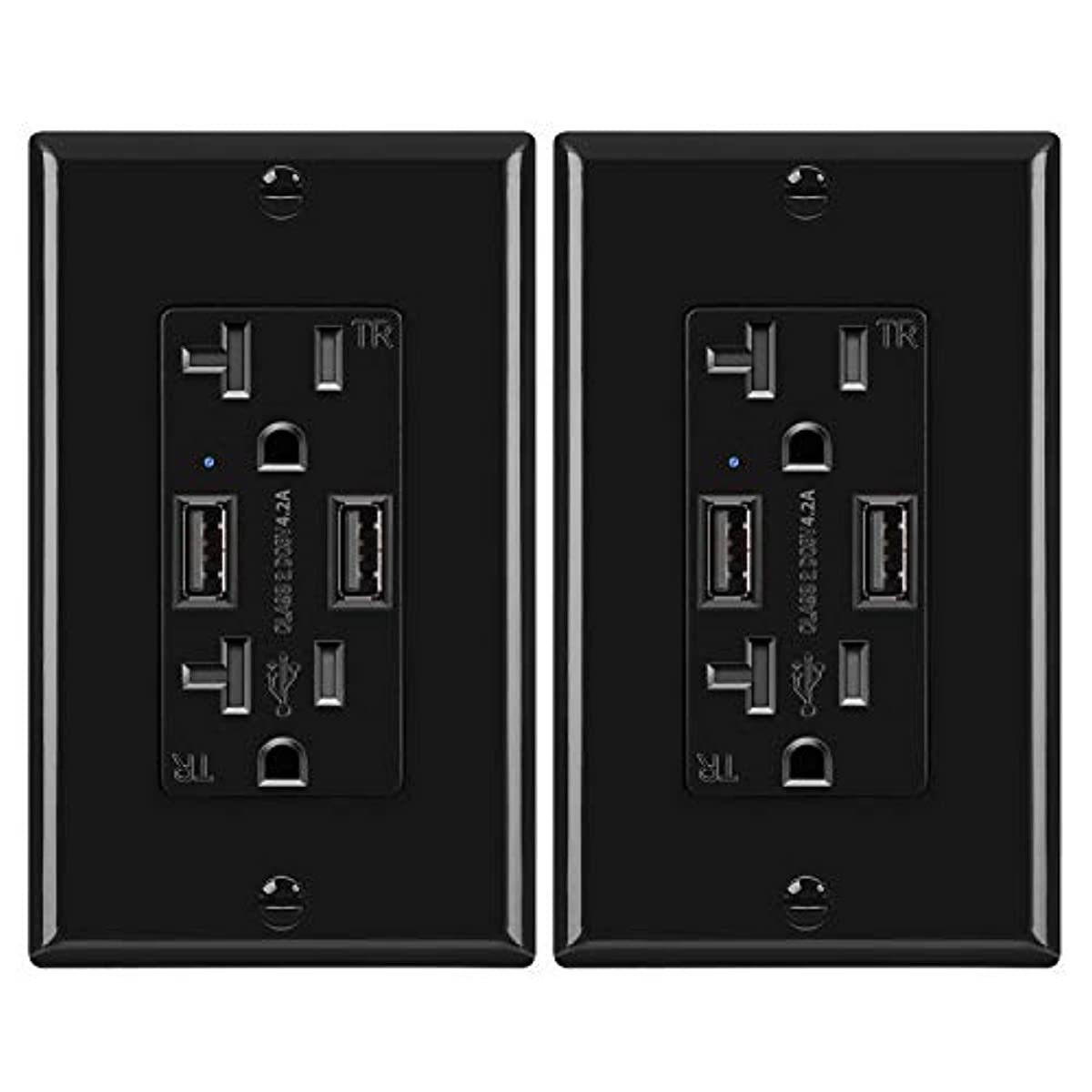 [2 Pack] BESTTEN Black 20 Amp USB Wall Receptacle, 4.2A Dual USB Charging Ports and Tamper Resistant Outlets, UL Listed