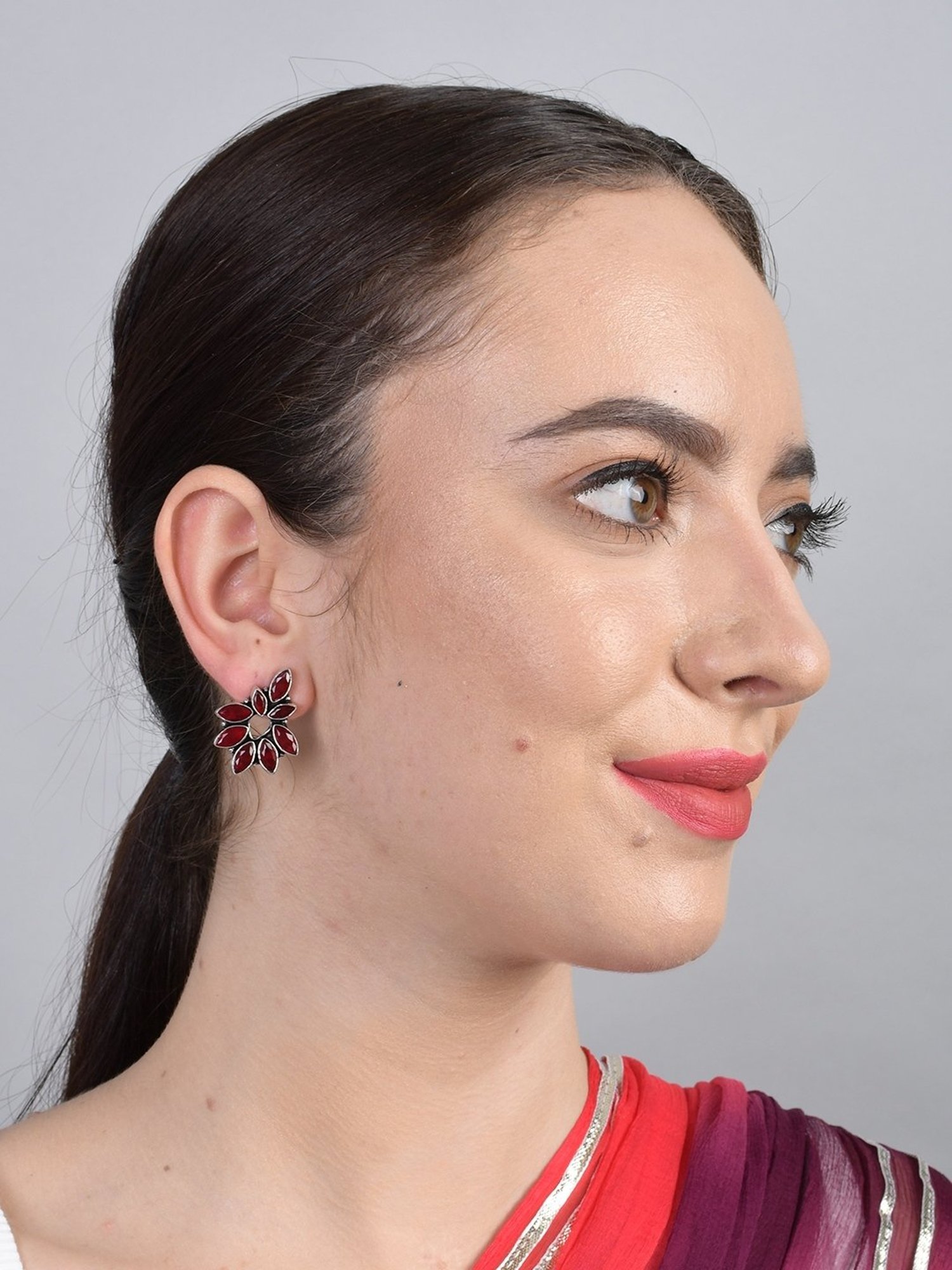 Imli Street Maroon Silver Tone Stone-Studded Handcrafted Stud Earrings