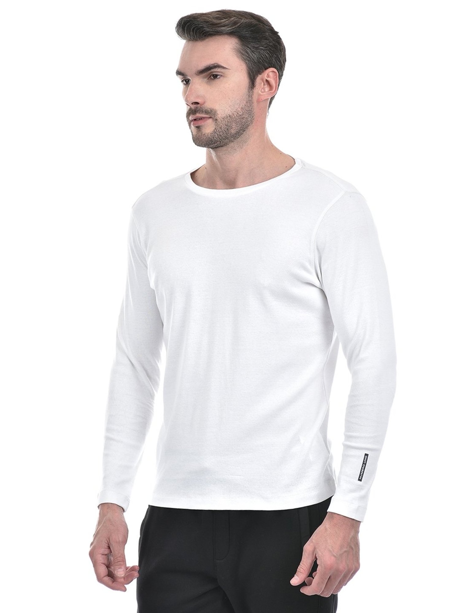 NUMERO UNO Off White Slim Fit Solid Round Neck Brushed Fleece T-Shirt