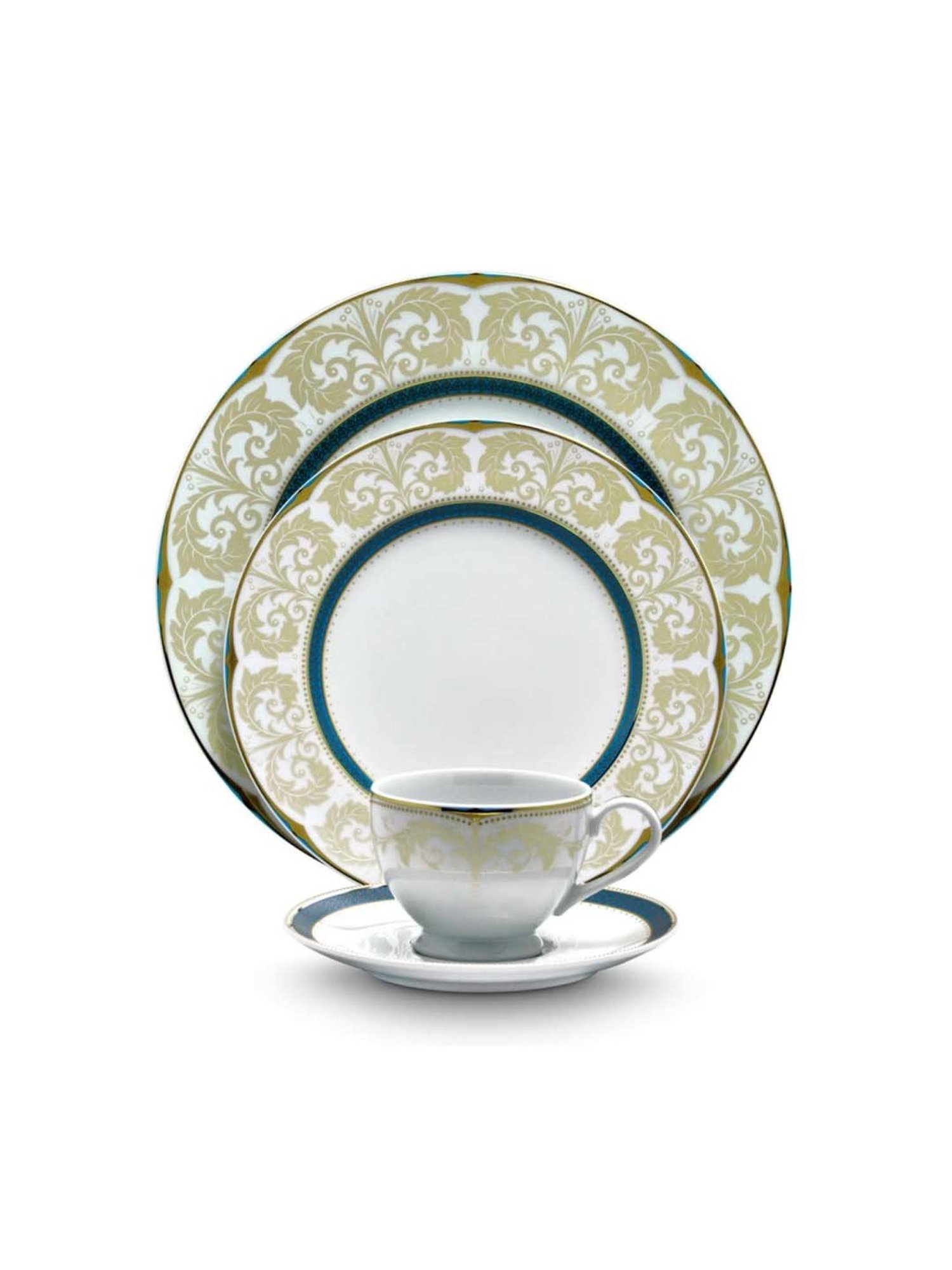 NORITAKE Royal Fountain White & Teal Blue Porcelain Rim Dinner Set