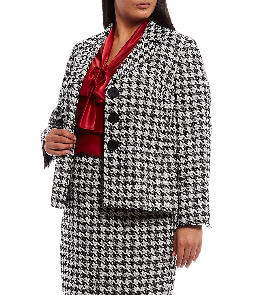 Kasper Plus Size Stretch Crepe Stand Combo Collar One Button Jacket