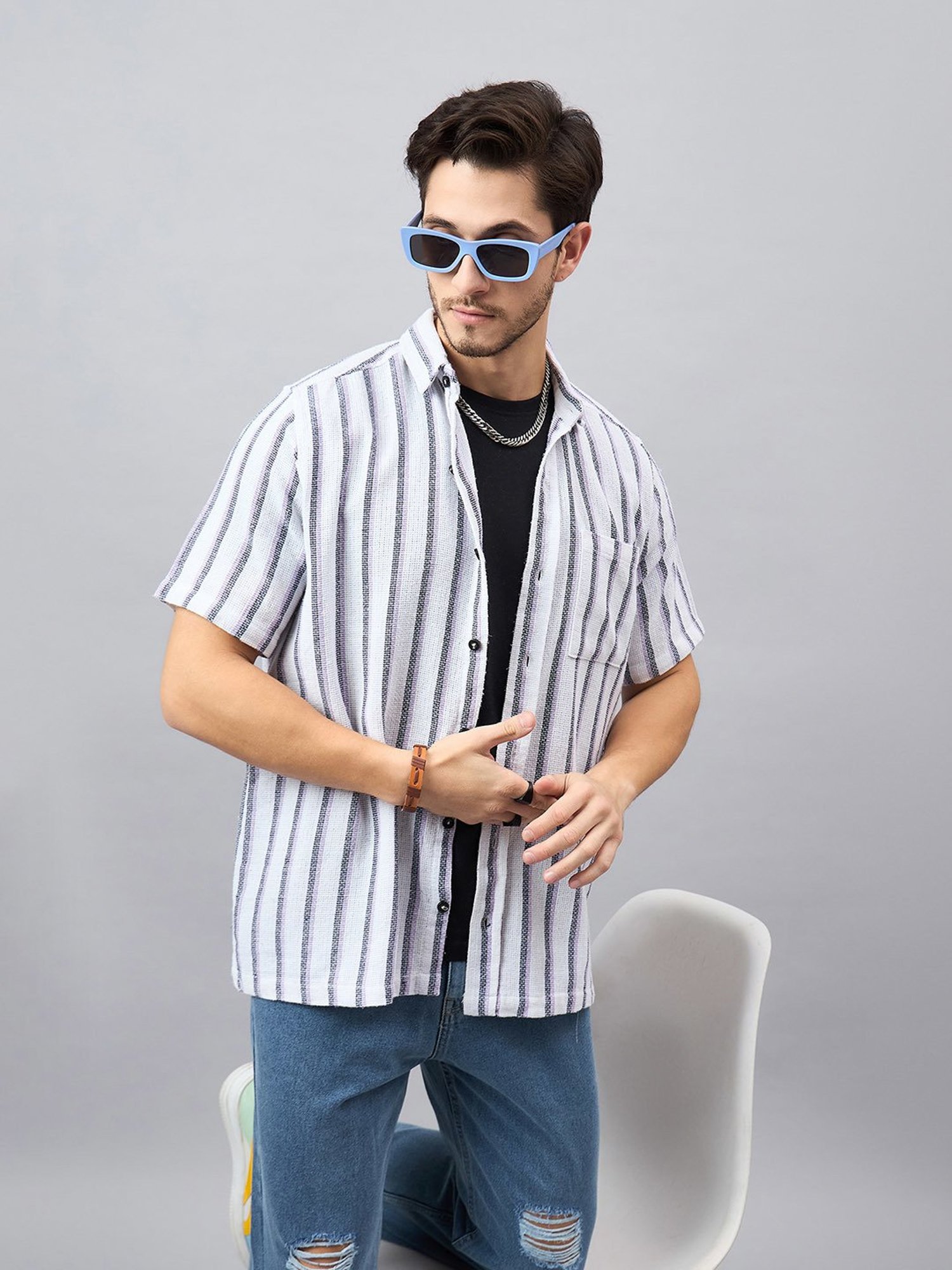 CHIMPAAANZEE White & Purple Regular Fit Striped Shirt