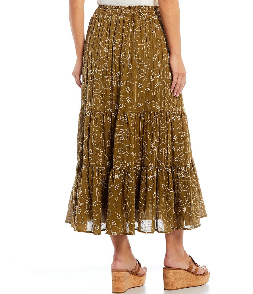 Reba Floral Embroidered Tiered Crinkle A-Line Pull-On Skirt