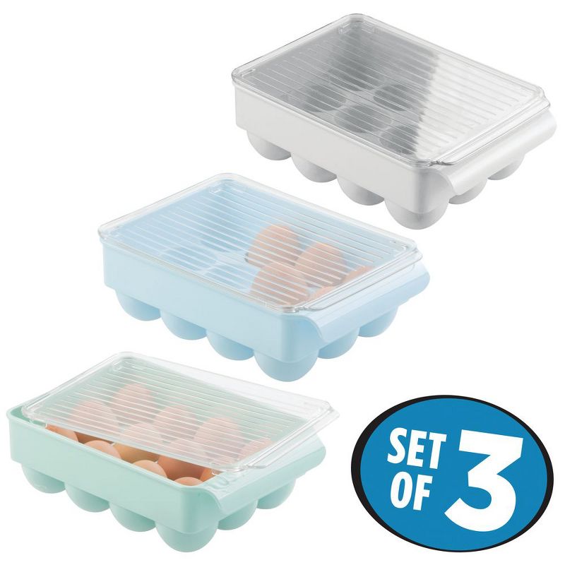mDesign Stackable Egg Tray Holder Container, Set of 3 - Gray/Green/Blue