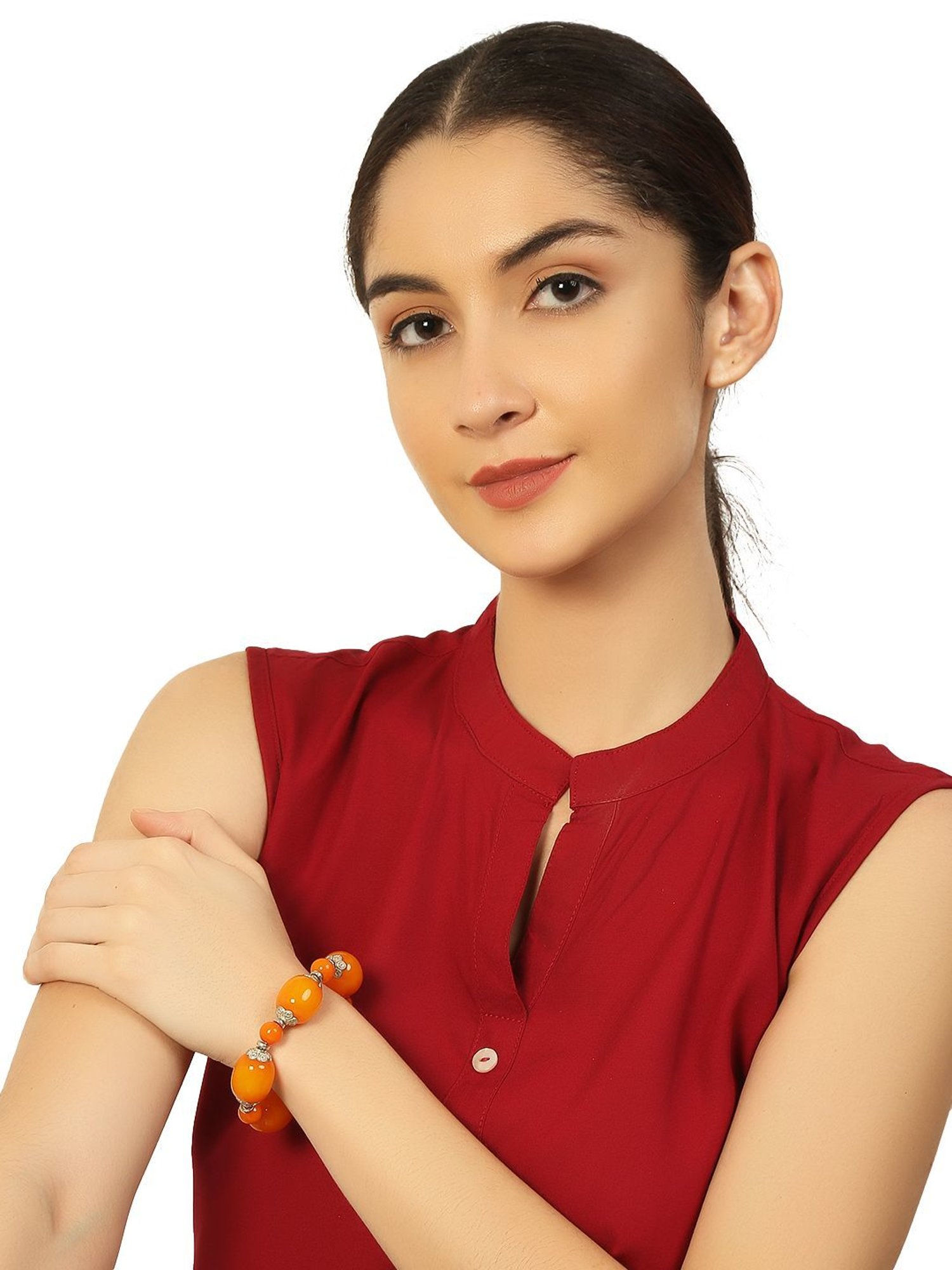 IMLI STREET Orange & Silver Artificial Stone Stretchable Bracelet for Women