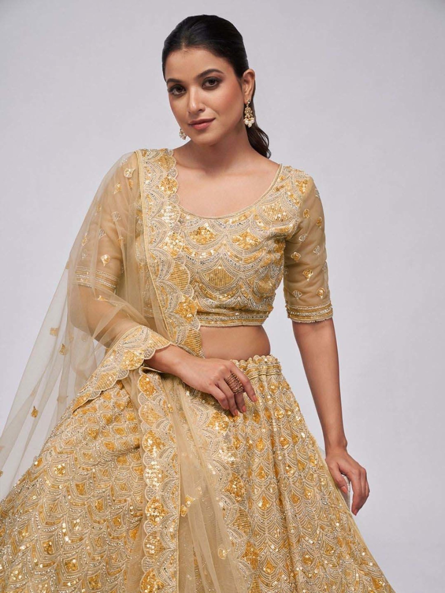 Odette Beige Embroidered Semi-Stitched Lehenga Choli Set with Dupatta