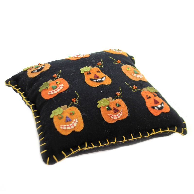 Halloween 8.5" Smiling Jacks Pillow Pumpkins Wool Beads  -  Decorative Pillow